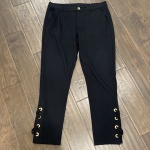 MICHAEL Michael Kors Ponte Cropped Ankle Pants Lace Up Hem Black Gold Grommets 8